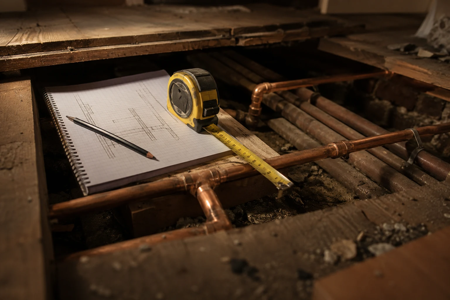 Plumber's tape measure and notepad beside exposed pipework, scoping a partial vs full replumb decision