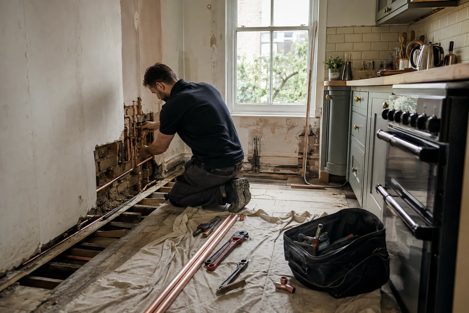 Plumber actively fitting new copper pipework in a London Victorian kitchen mid-renovation, floorboards lifted along one wall