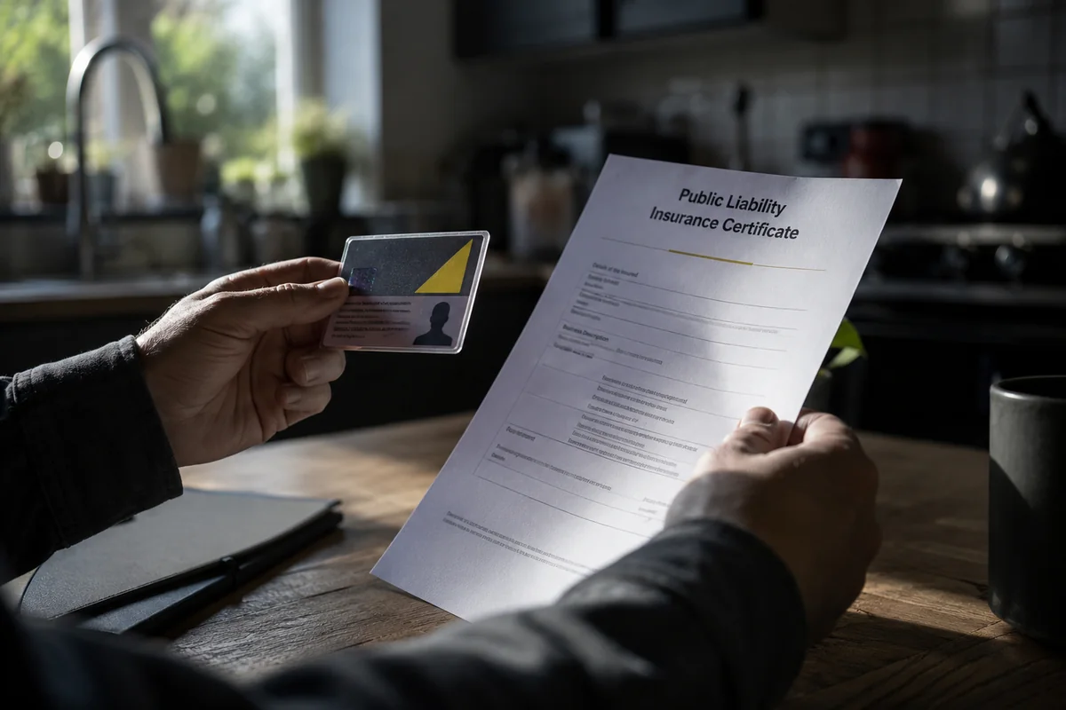 Homeowner's hands holding a Gas Safe ID card and a printed public liability insurance certificate at a kitchen table