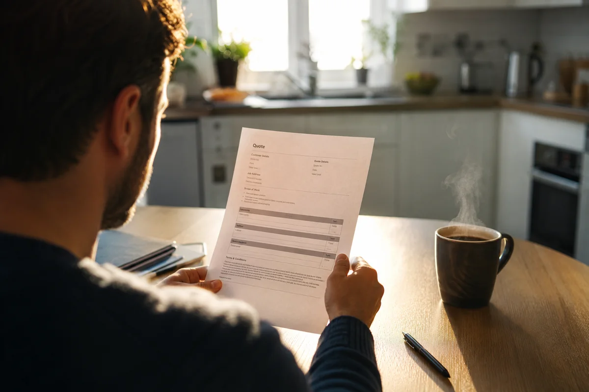 Homeowner reviewing a printed written quote document at a kitchen table before booking a tradesperson