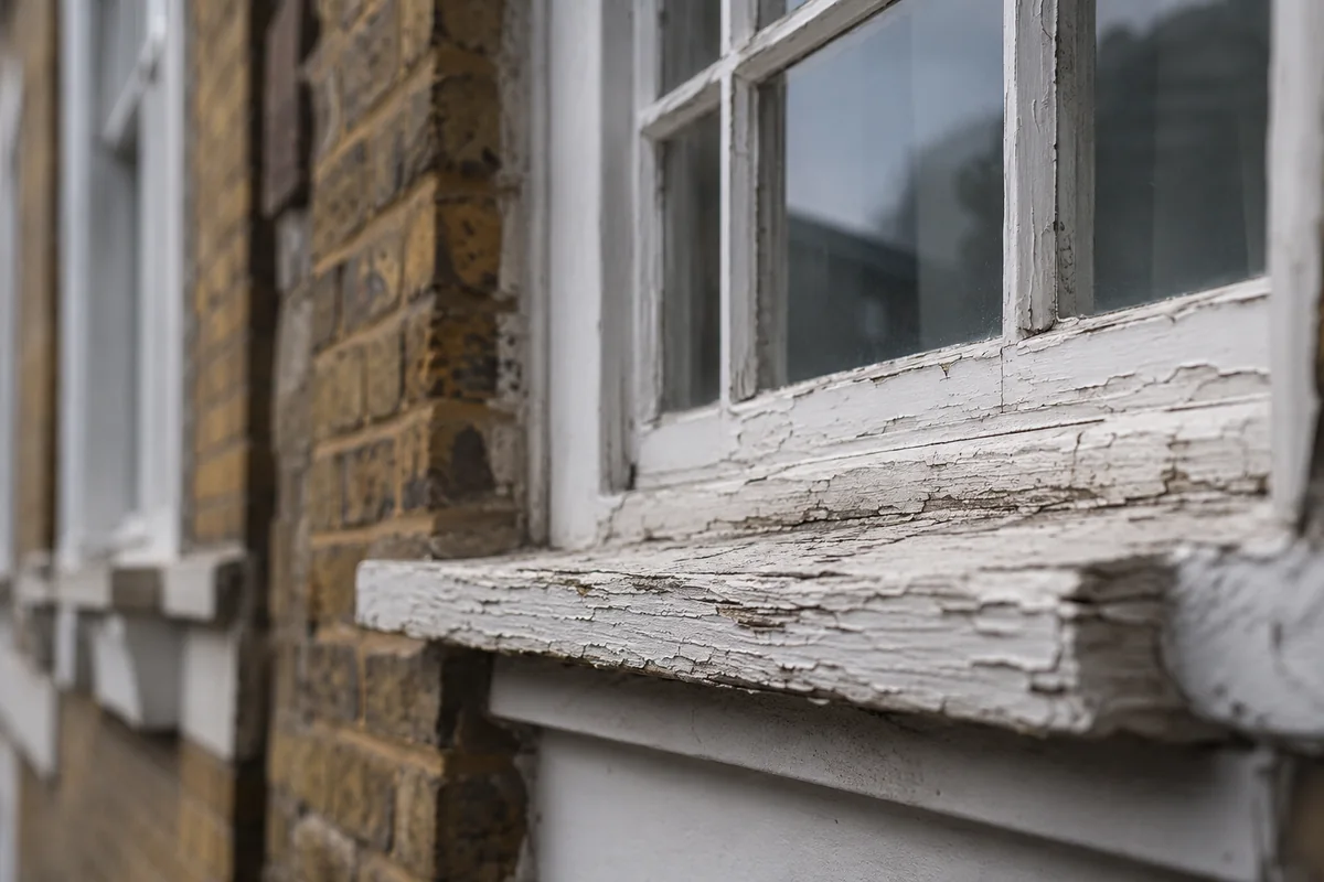 Weathered original timber sash window on a Victorian London terraced house, showing period glazing bars and stock brickwork