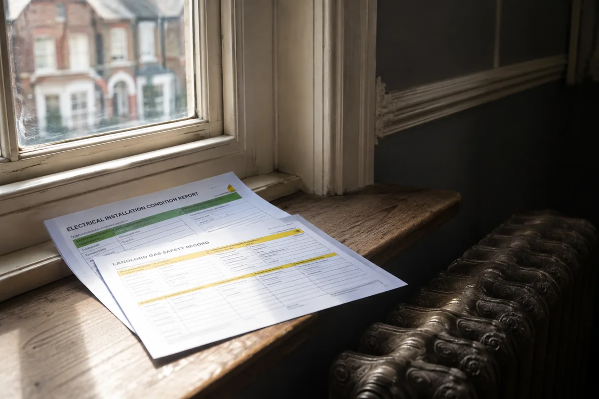 Landlord's EICR and Gas Safe compliance paperwork on a windowsill beside an original cast-iron radiator in a Victorian London rental property