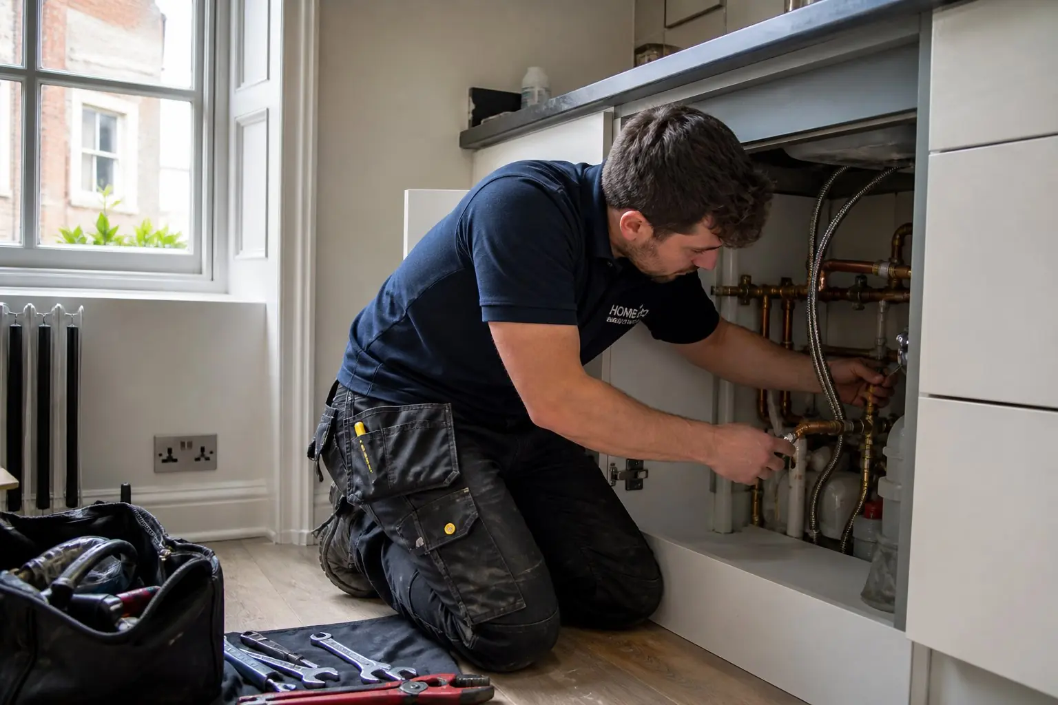 Vetted London plumber on his knees fitting copper pipework under a sink in a period property kitchen