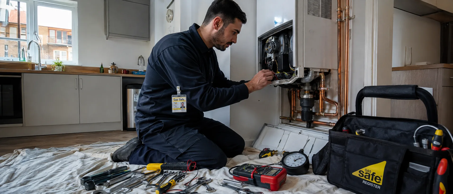 Gas Safe registered boiler engineer working on a combi boiler inside a London flat, tools laid out on protective sheeting
