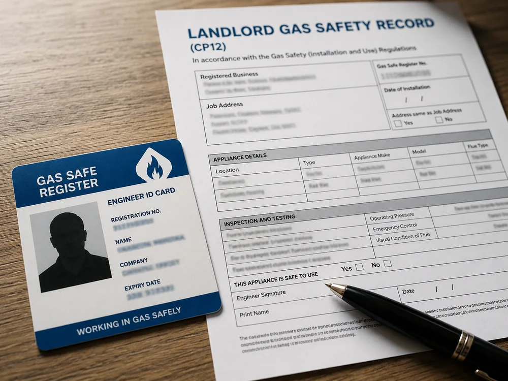 Gas Safe registration ID card and CP12 landlord gas safety certificate issued after a boiler service in London