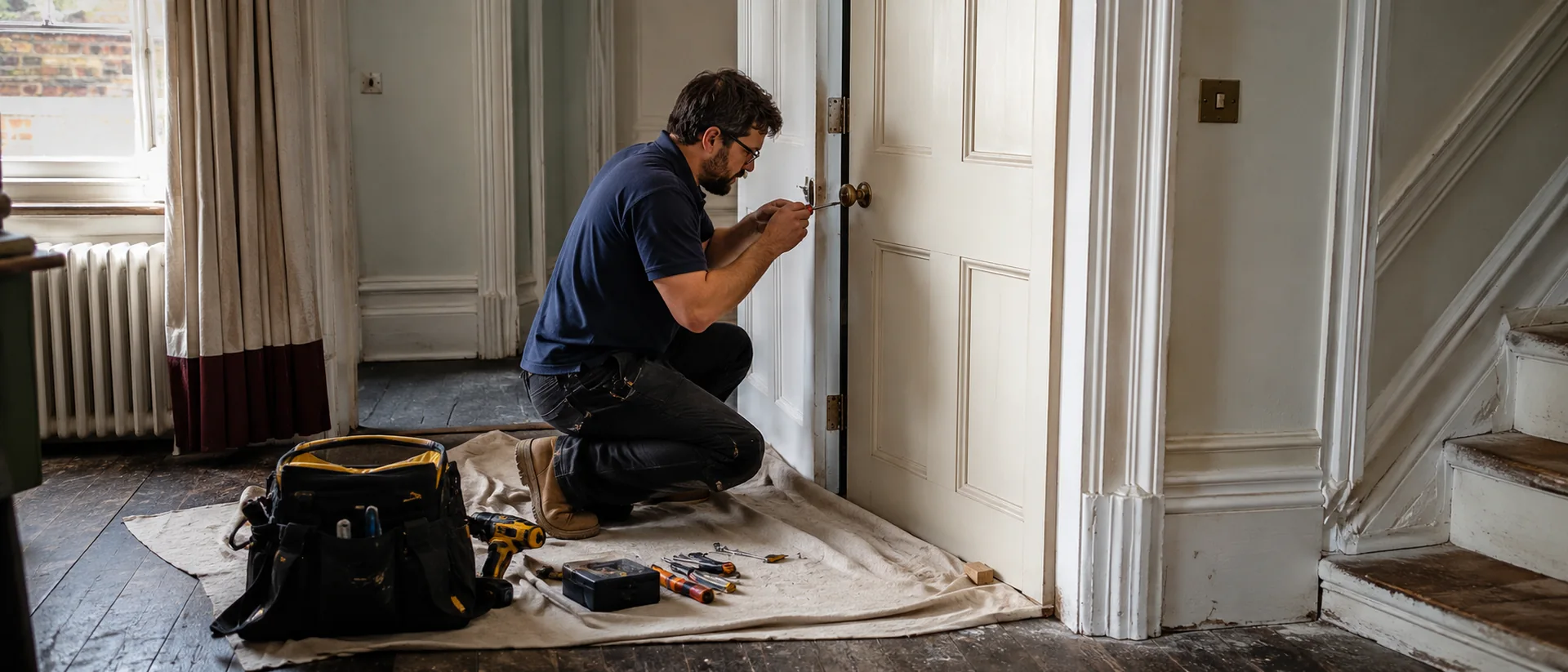 Insured handyman fitting a shelf into a solid brick alcove inside a London Victorian conversion flat, tools laid out on protective sheeting