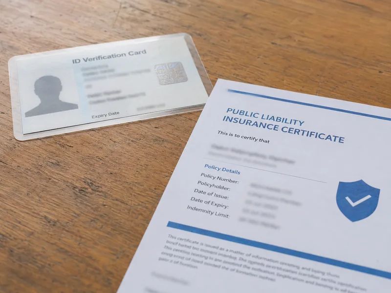 Handyman ID verification card and public liability insurance certificate laid on a table in London