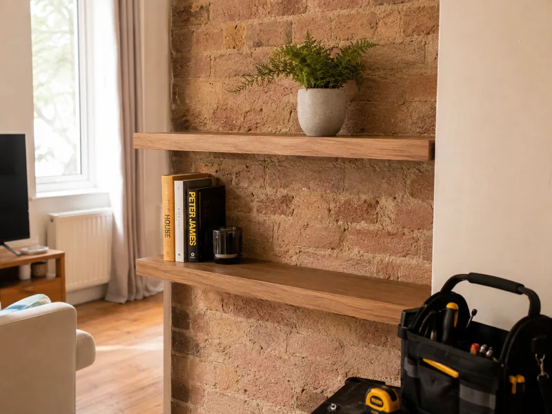 Newly assembled and installed shelving unit in a London flat, tools packed away after job completion