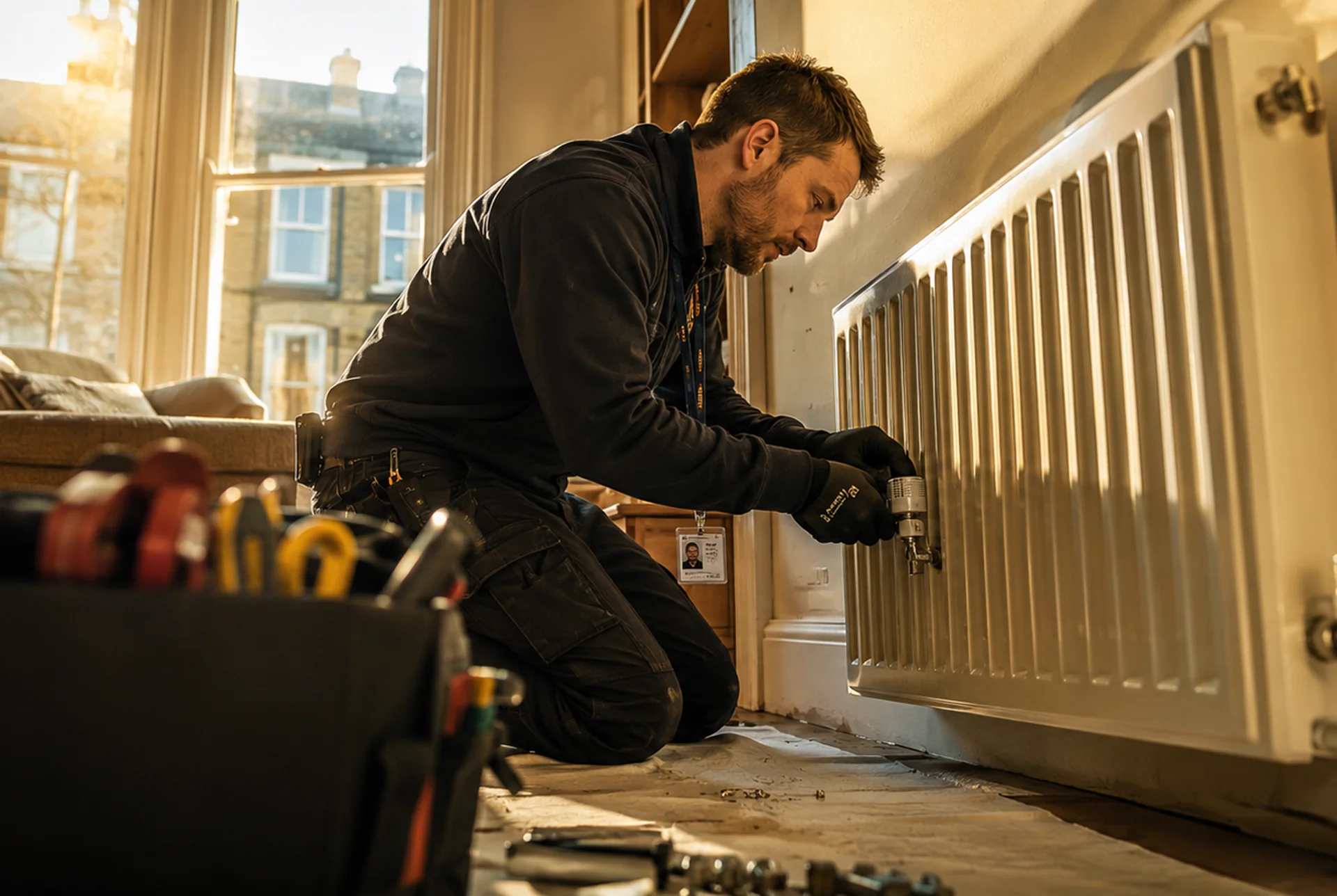 Central heating engineer fitting a new radiator valve in a bright London Victorian terrace living room