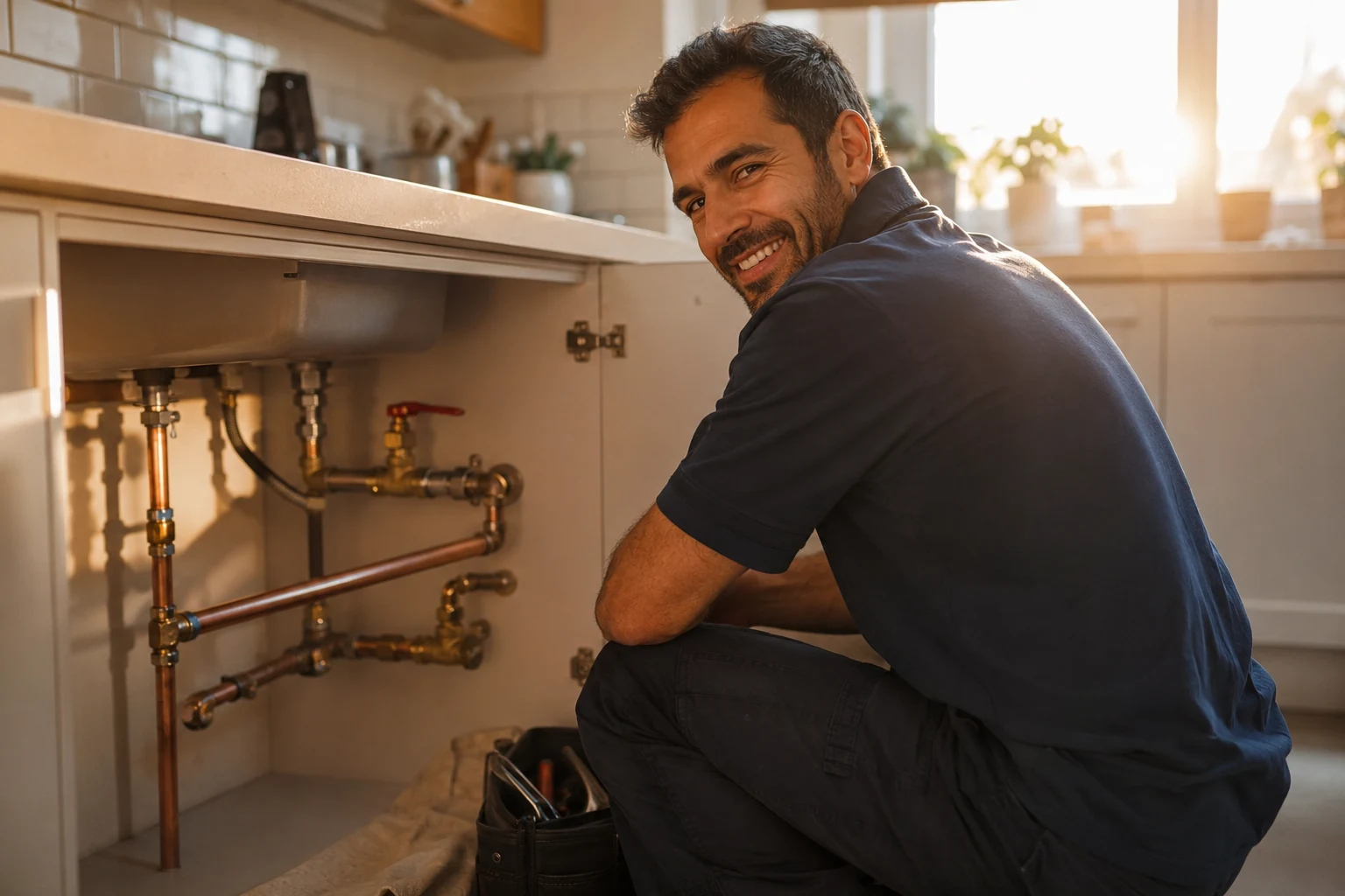 Newly fitted stopcock and isolation valves under a London kitchen sink, plumbing job completed and signed off