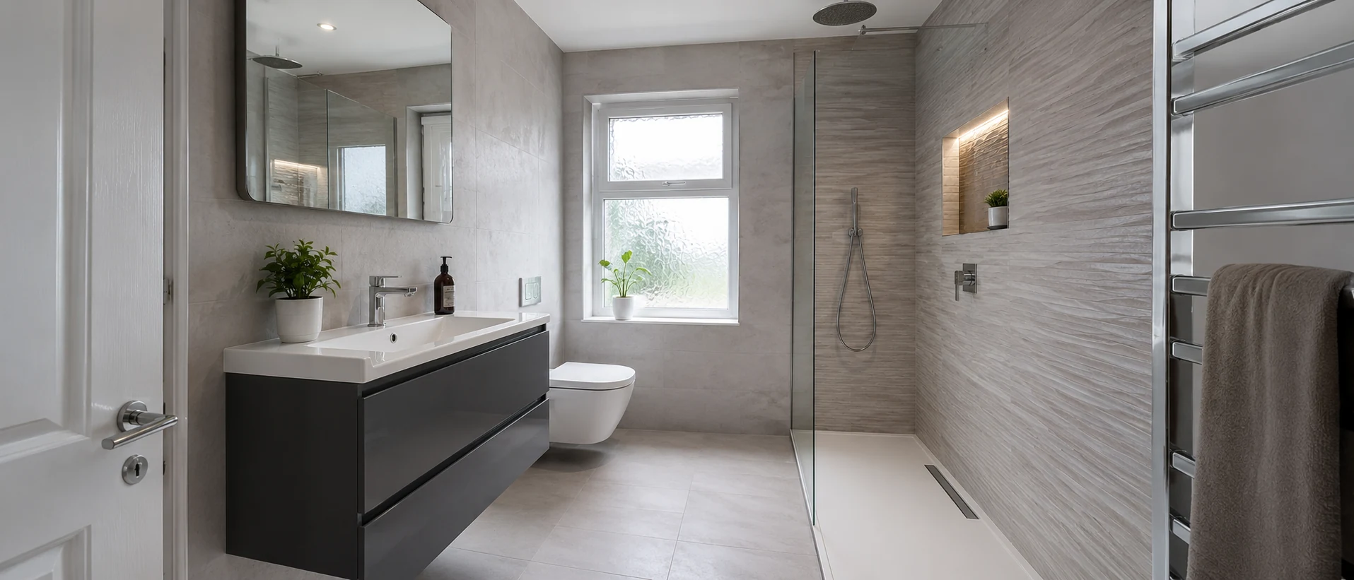 Freshly renovated London bathroom with large-format tiling, walk-in shower and vanity unit, natural light from a frosted window
