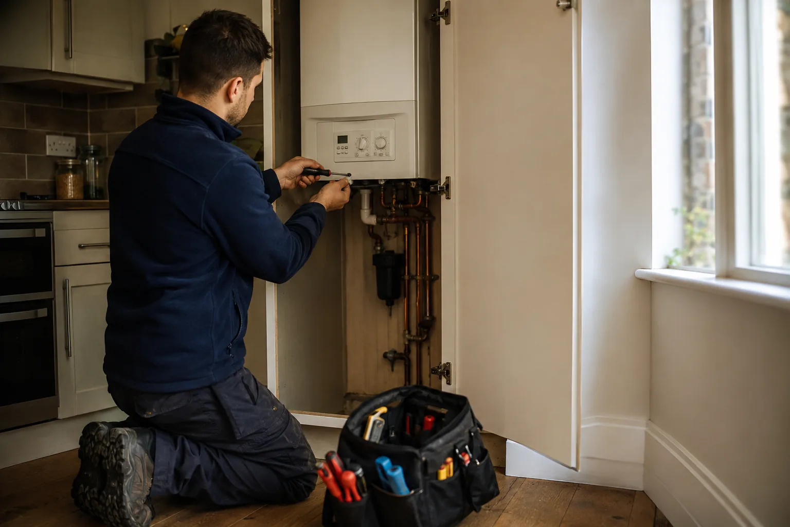Gas Safe registered engineer servicing a combi boiler mounted in a London kitchen utility cupboard