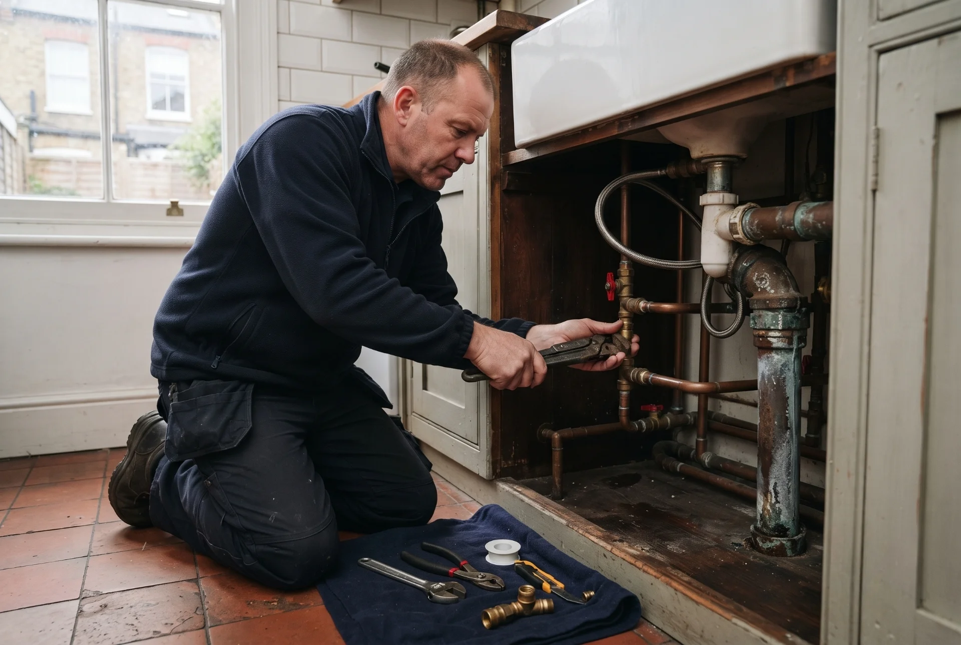 Plumber working under a Belfast sink in a Victorian London kitchen, copper pipework and terracotta floor tiles visible